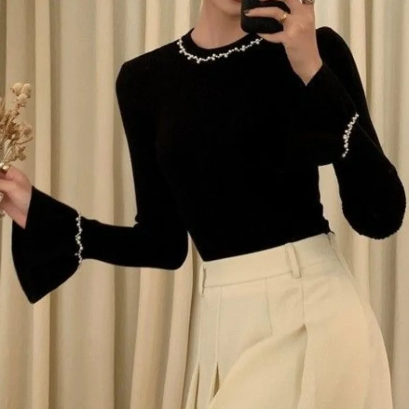 OCEANLOVE Flare Sleeve Sweaters Women Tops Solid Beading Vintage Autumn Winter Pull Femme Korean Fashion Elegant Pullovers