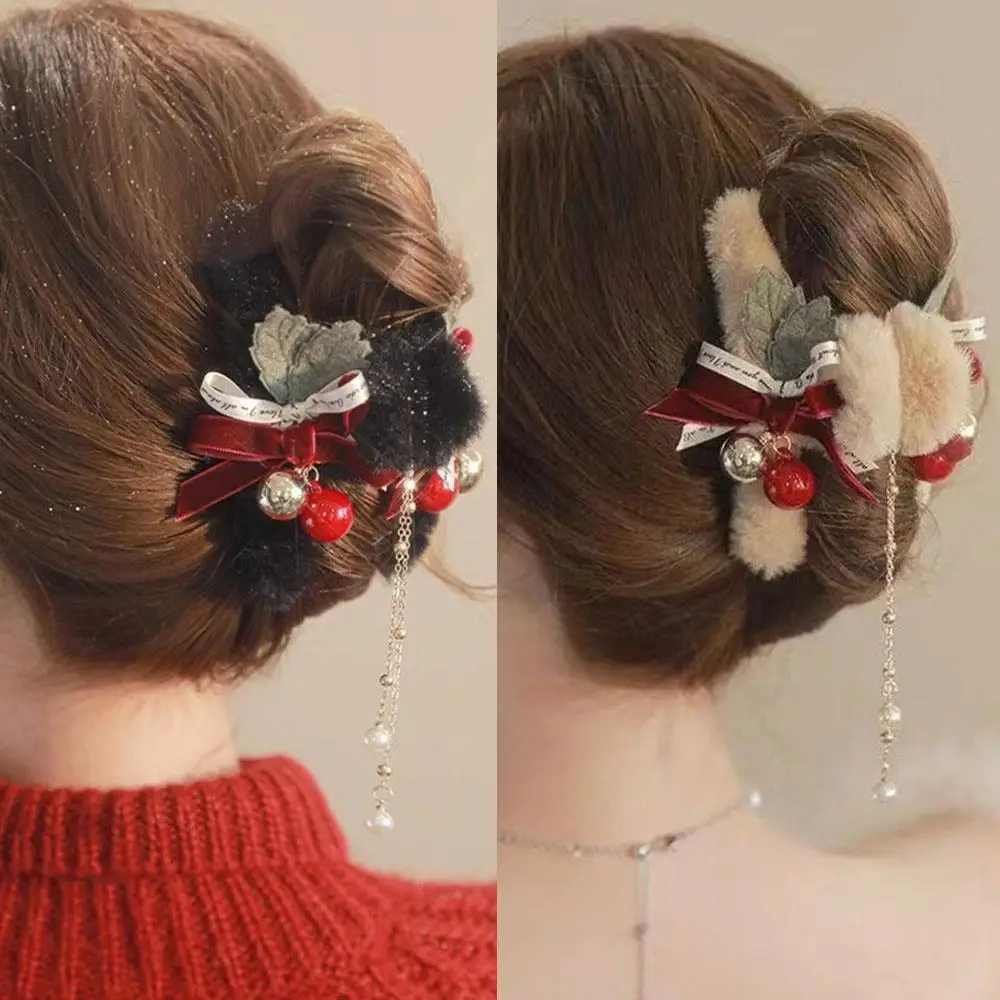 

Christmas Plush Bow Tassel Hair Claw Clip Red Green Non-Slip Shark Clip Bowknot Red Round Acrylic Fringe Ponytail Clip
