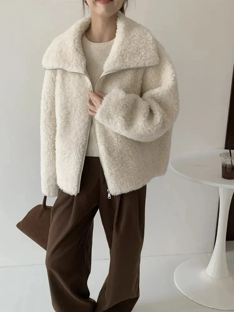 Fashion Faux Lambs Women Jacket Y2K Autumn Plush Thick Zipper Warm Coats Streetwear Long Sleeve All Match Hairy Outerwear New