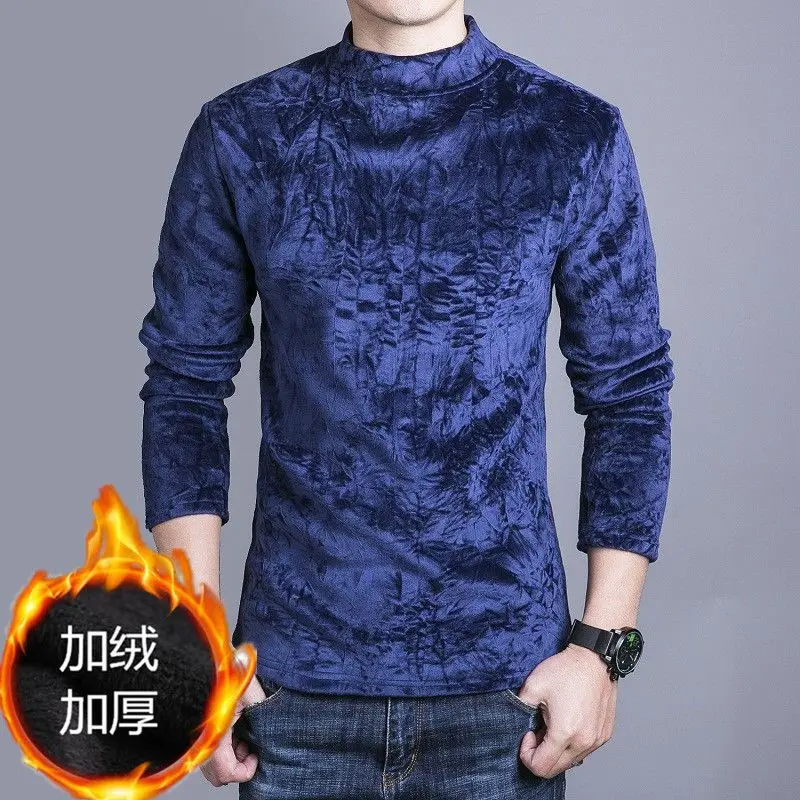 2023 Autumn Winter New Solid Color Fashion Turtleneck T-Shirts Man High Street Long Sleeve Casual Plus Velvet Warm Pullovers