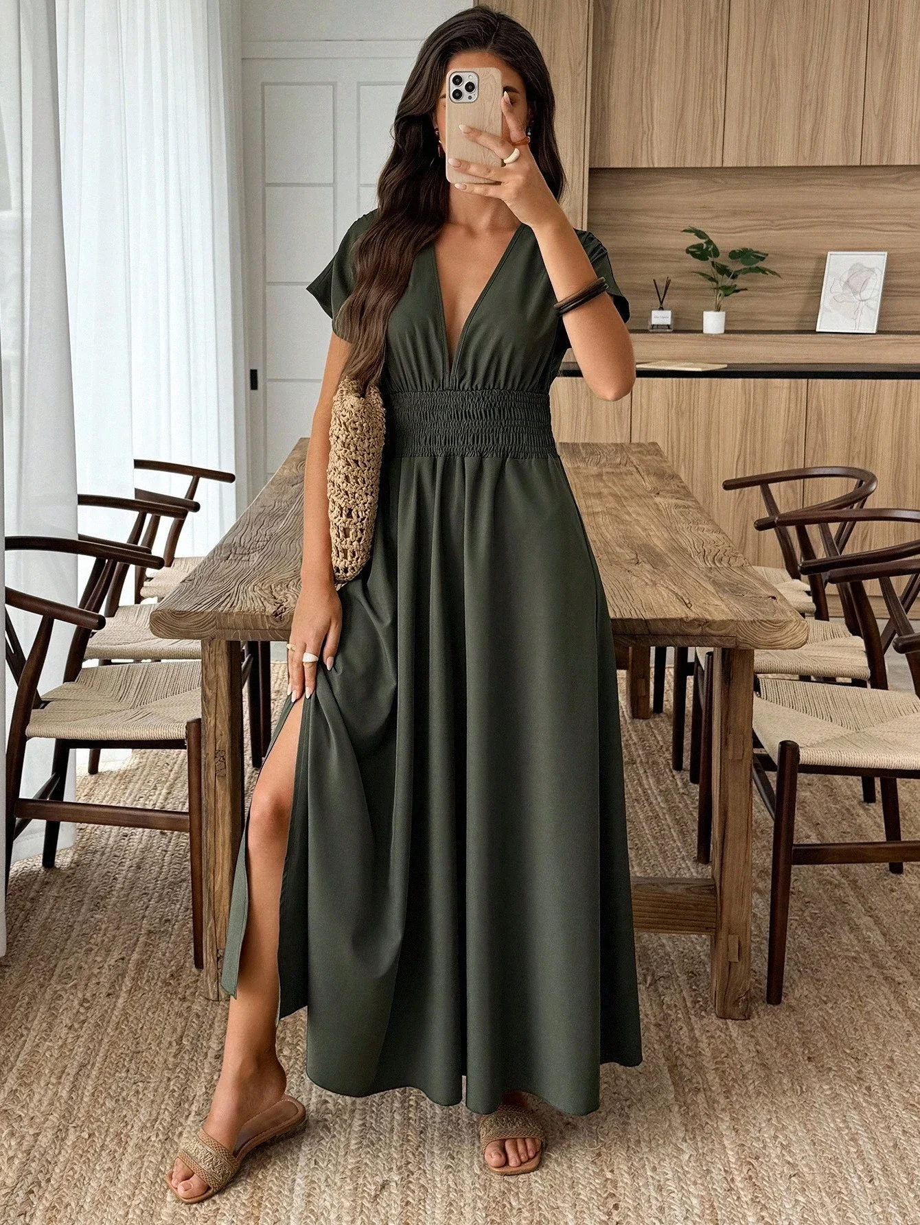 

Women Deep V-Neck Long Dress With Side Slit Summer Casual Elegant Maxi Dress