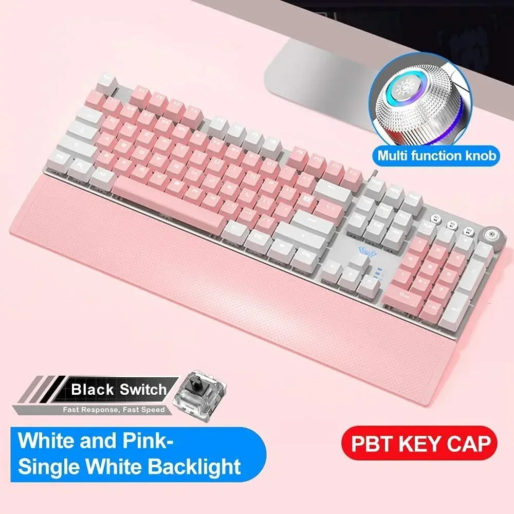 

Pink mechanical keyboard with multimedia knob and white backlight, cute USB wired full size game keyboard (black switch)