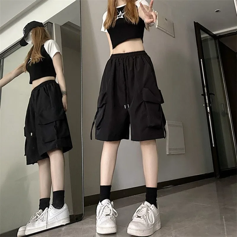 American Retro Cargo Shorts Men and Women Summer New Loose Straight Solid Color Casual Pants High Street Versatile Shorts Female