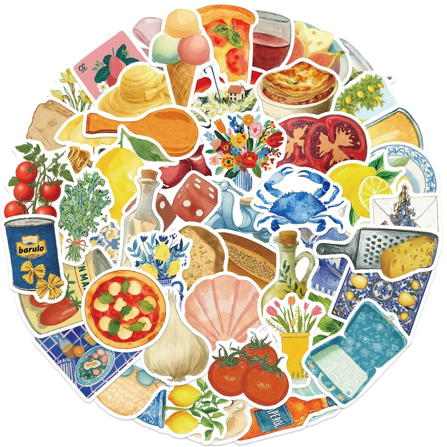 54PCS Cartoon Aesthetics Mediterranean Food Stickers Vintage Style Fruit Foods Sticker DIY Laptop Luggage Scrapbook Skateboard