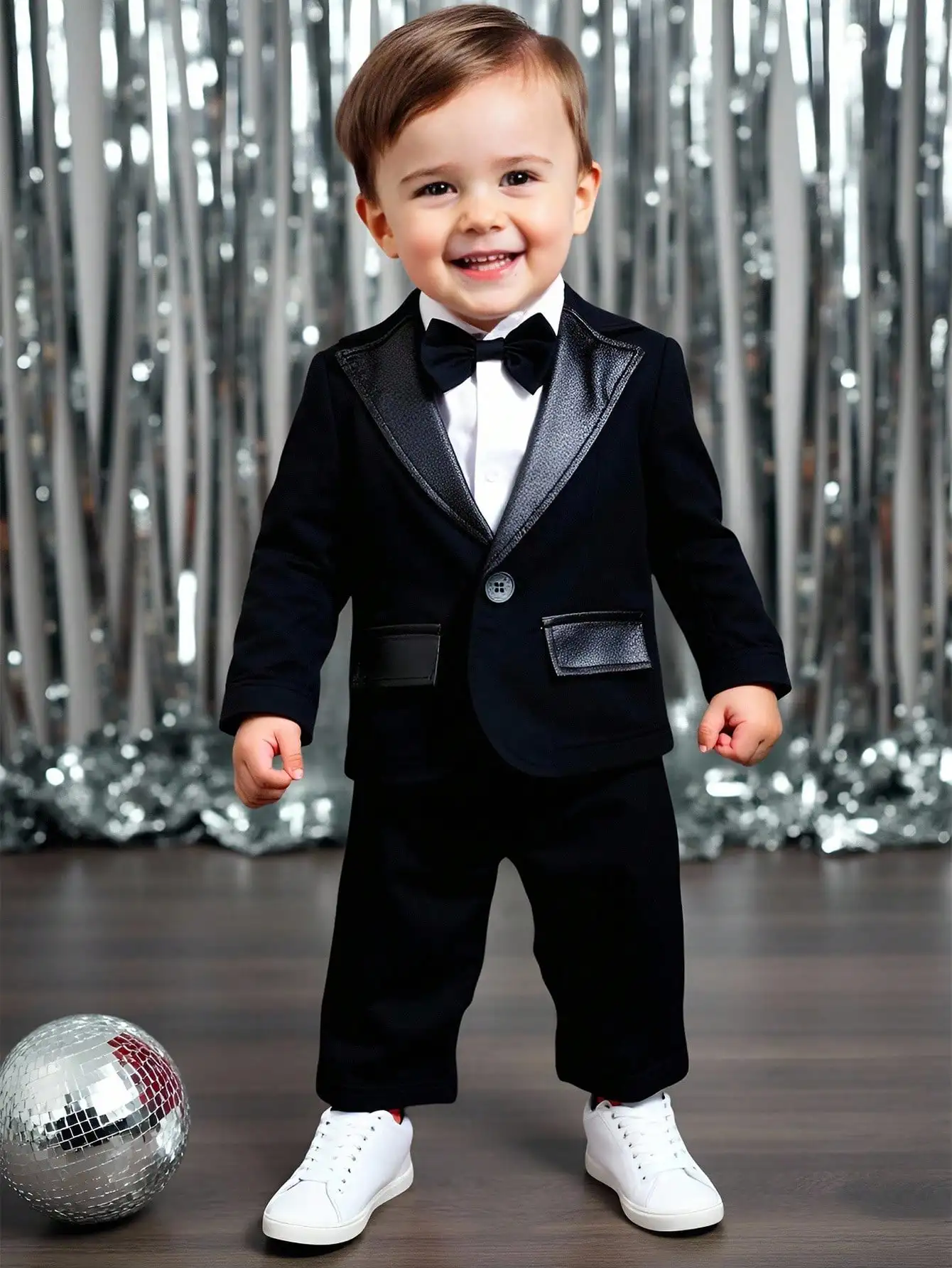

2-Piece Baby Boy Formal Suit Set: Black Lapel Jacket with Bow Tie & Pants for Parties, Weddings, Holidays