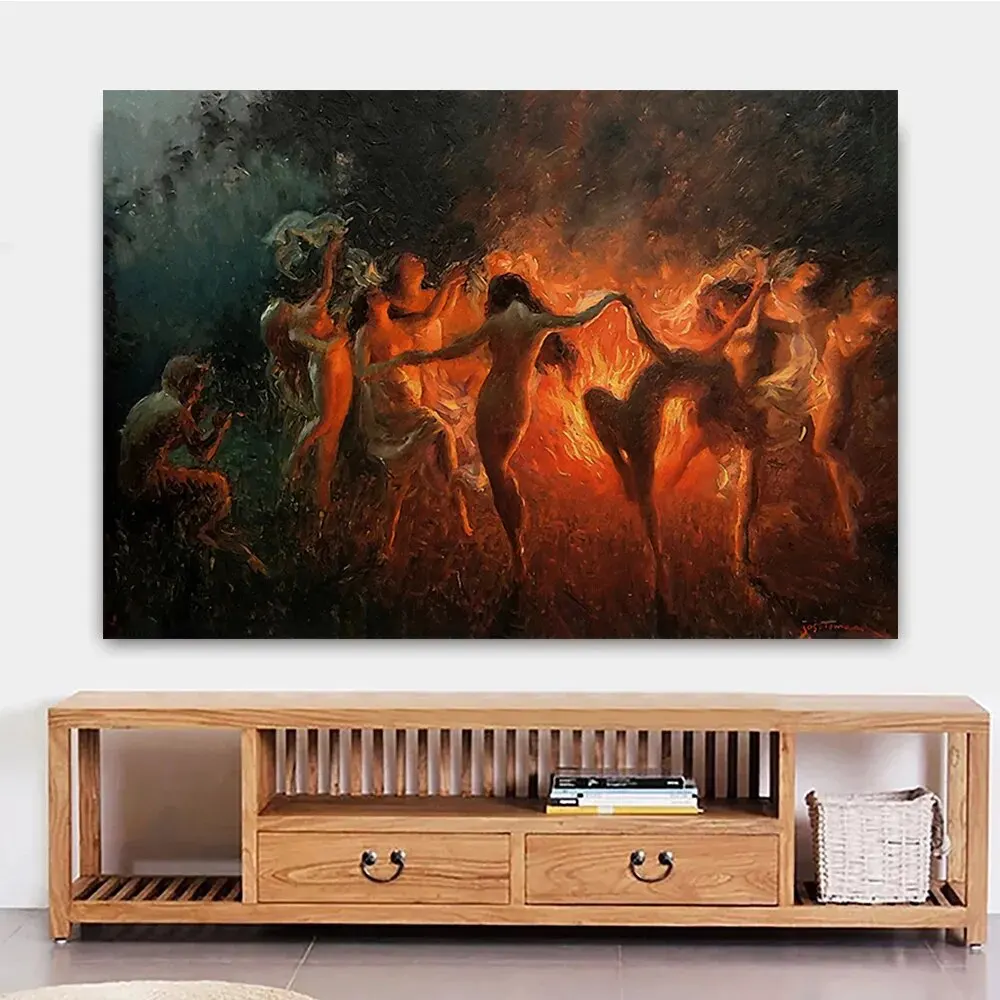 Joseph Tomanek Canvas Painting Prints Fire Dance Nymphs Witch Magic Home Decor Art Poster for Living Room and Bedroom Decor