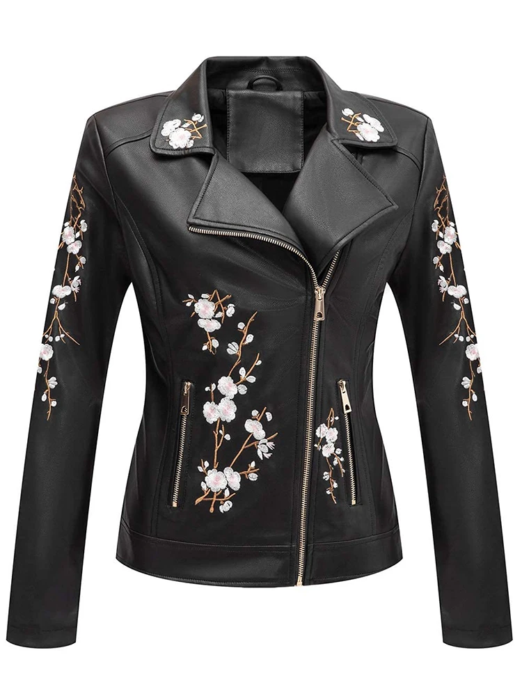 Giolshon Autumn Flowers Embroidery PU Leather Jacket Women Slim Turn-Down Collar Outerwear Zipper Moto Biker Coats Tops Clothes