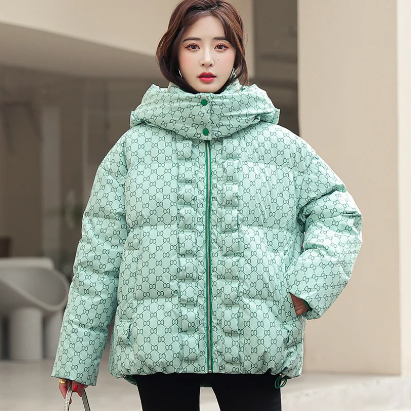 Women\'s Winter Coats White Duck Down Thicken Warm Overcoat Fashion Printing Hooded Short Down Coats Loose Leisure Hooded Outwear