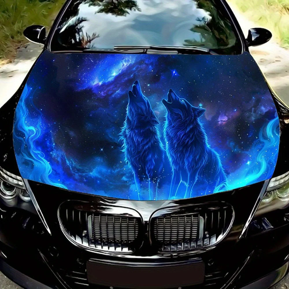 

Eye-grabbing Blue-Flamed Wolf Car Engine Hood Vinyl Wraps Sticker, Auto Exterior Protection, Waterproof Self-adhesive Vehicle De