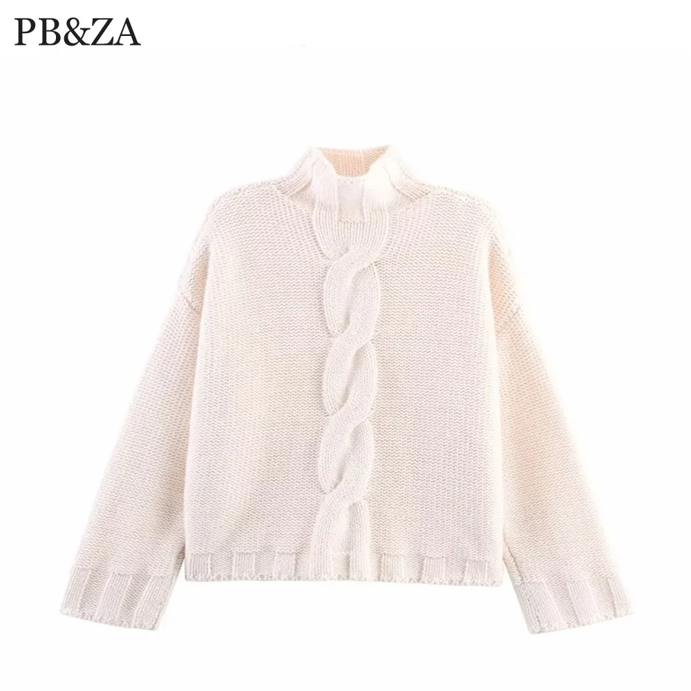 

New women's European and American style twisted rope long sleeved stand up collar simple casual knitted sweater