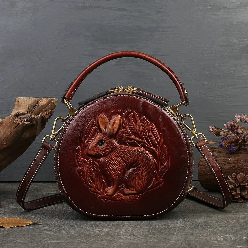 2024 New Retro Round Women\'s Genuine Leather Handbags For Ladies Luxury Designer Rabbit Embossed Shoulder Messenger Bags
