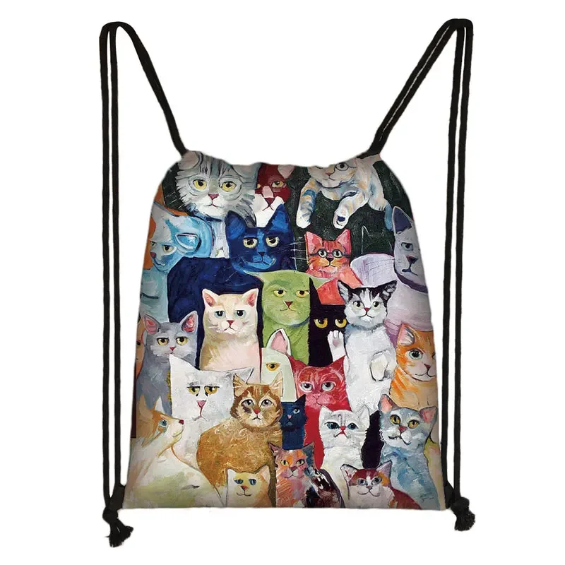 Cute Cartoon Anime Cat Pattern Drawstring Bag Women Fashion Storage Bag Shopping Bag Teenager Girls Bookbag Kawaii  Backpack