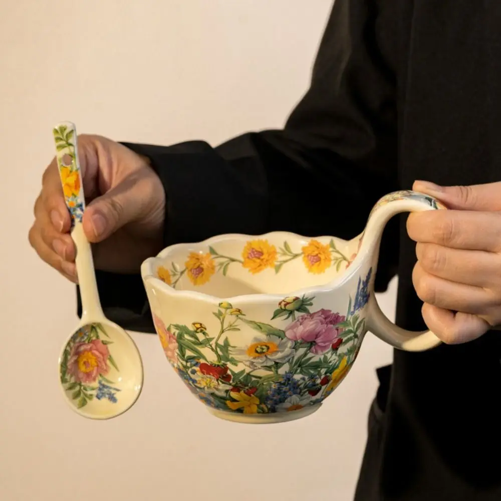 

Керамическая суповая миска ручной работы с ручкой-петлей, безопасная для микроволновой печи, с ложкой, большая ручка