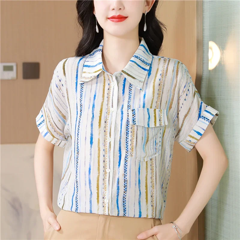 Satin Vintage Women Blouses Summer Prints Women's shirts Loose Short Sleeves Tops Polo-neck Striped Silk Korean Clothing Sales