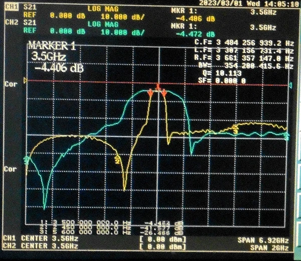 3500(3400-3600)MHz gergaji Bandpass Filter, Bandwidth 1dB 200MHz, antarmuka SMA