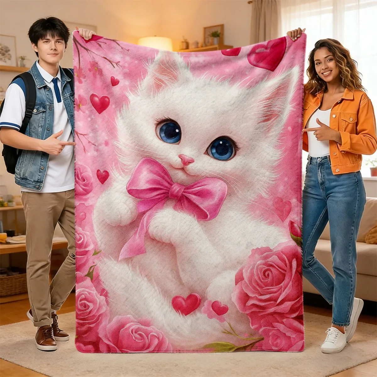 Ultra Soft Plush Pink Kitten Throw Blanket Roses Heart Design Cozy Winter Nap Throw Decorative Plush Blanket Gift for Women