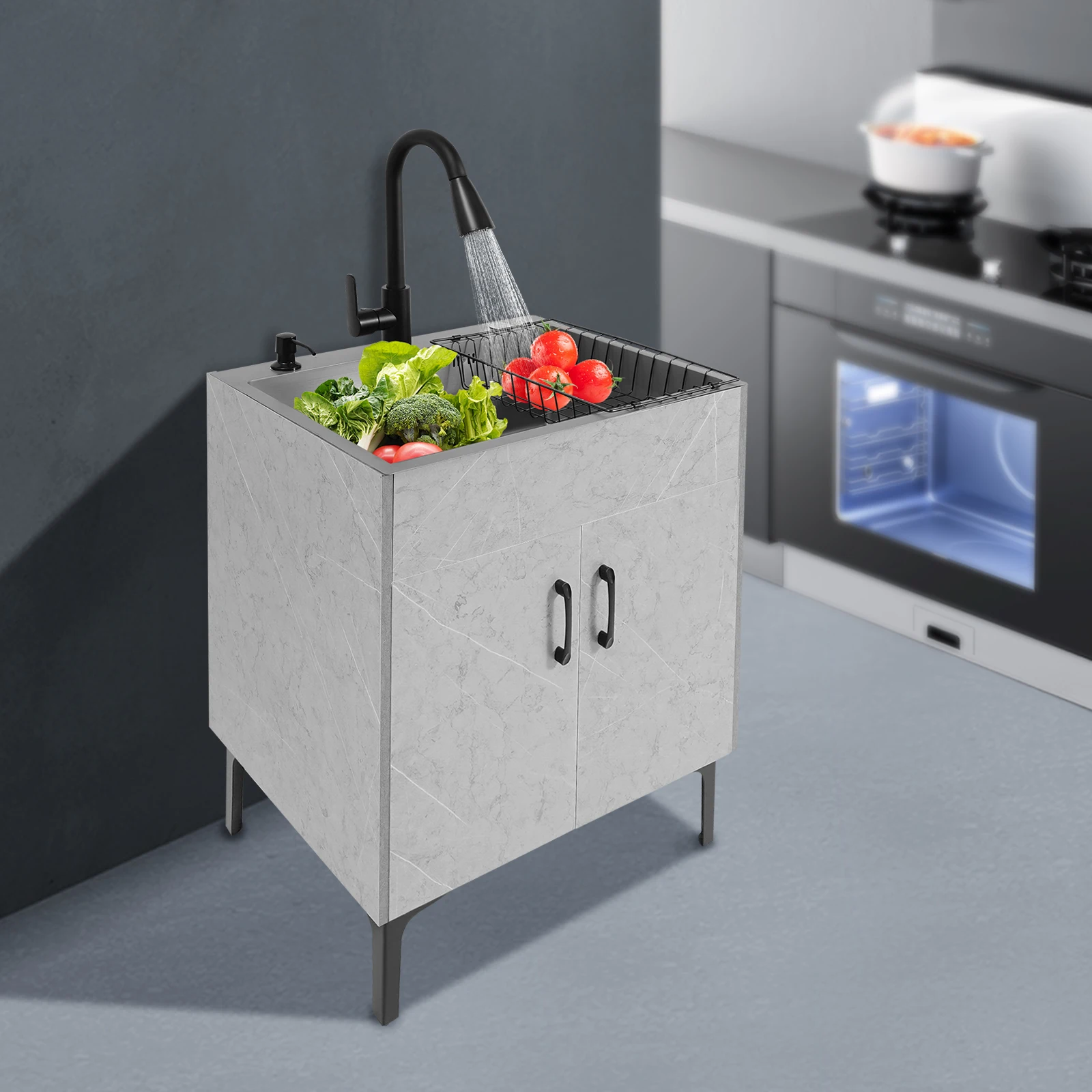 Mobiletto lavello 60*45 cm con lavabo, rubinetto e cestello di scarico Set completo per proprietari di case e appaltatori per cucina e bagno Grigio chiaro
