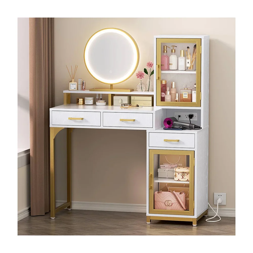 

z 2023 Factory Stock Vanities Makeup Table Dressing table With Round Mirror and Drawers For Bedroom