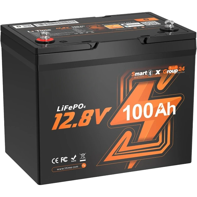 12V 100Ah Group 24 Bluetooth LiFePO4 Battery, Deep Cycle Lithium Battery, Built-in 100A BMS with Low-Temp Protection, Max.