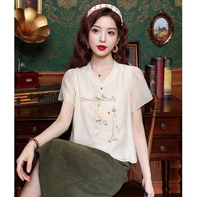 

2024 classical embroidery chinese style elegant blouse sweet style casual loose thin blouse daily improved vintage tang suit top