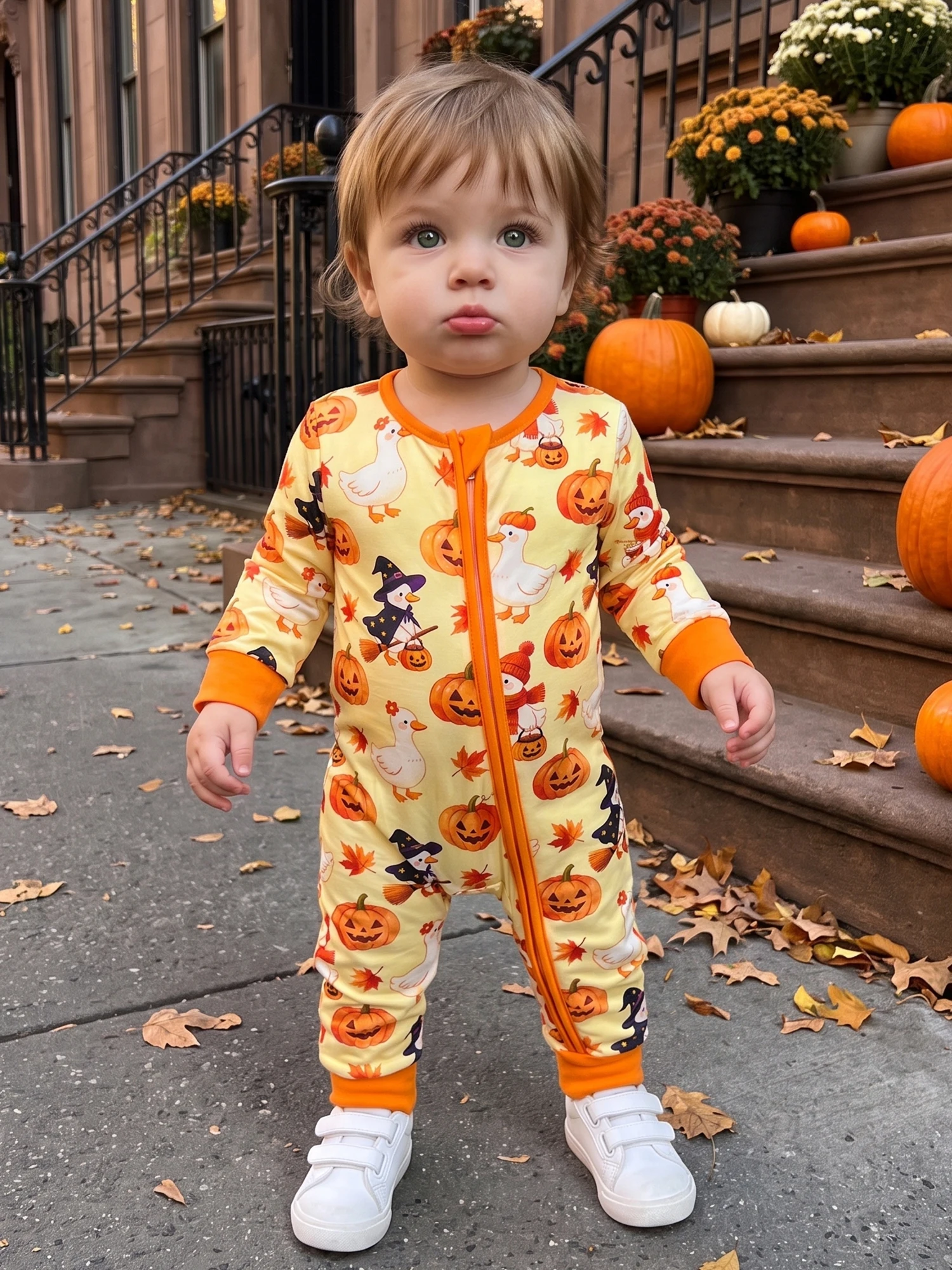 Print Romper Goose Goose-Print-Romper Sleeve-Crew-Neck Print Jumpsuit Jumpsuit Long Sleeve Pumpkin Goose Print New