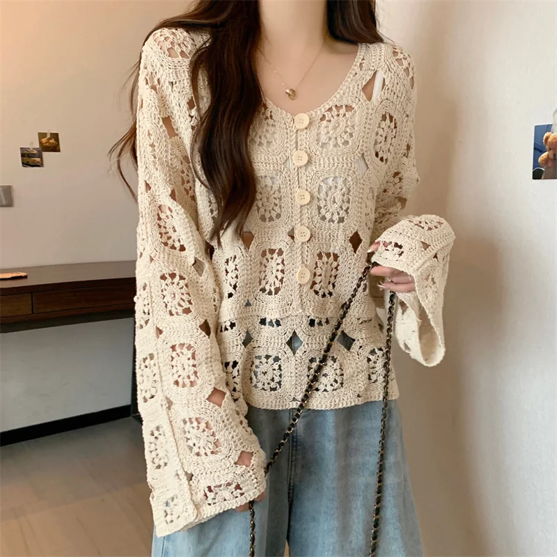 

Granny Square Crochet Knit Top Woman Long Sleeve Button Front Pullovers Openwork Blouse Cover Up Spring Summer Beach Boho Outfit