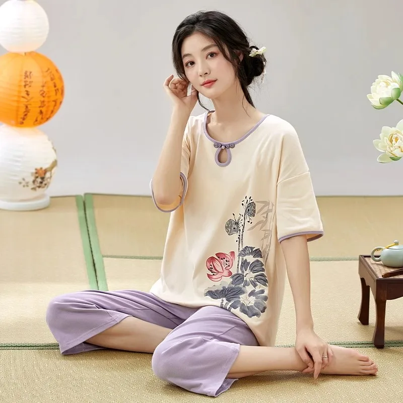 

Летняя женская одежда для сна, новая пижама Mujer, пижамный комплект с короткими рукавами в китайском стиле, укороченные брюки, хлопковая повседневная домашняя одежда