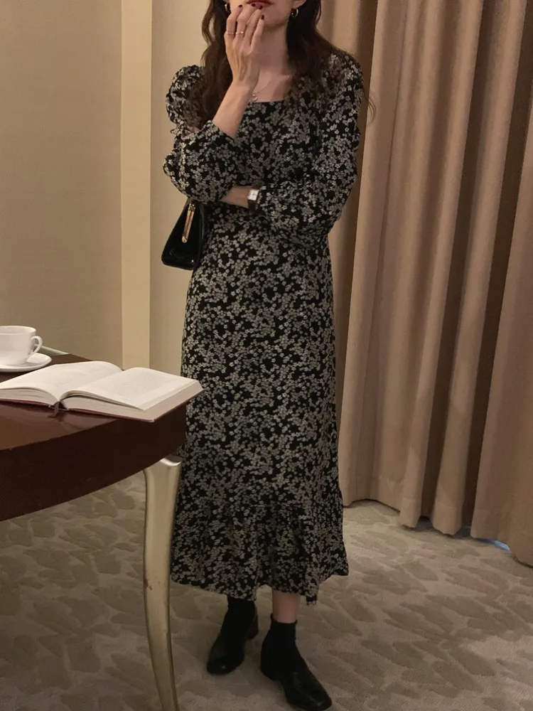 Ele Autumnal Vintage Chic Square Collar Bone Exposure Floral Slim Fit Long Sve Chiffon Dr Exuding Feni