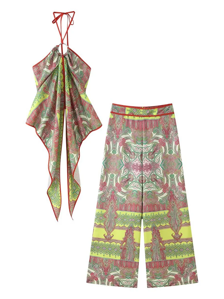 2026 New Boho Print Halter Jumpsuit, Ring Detail Sleeveless Asymmetrical Overlay Wide Leg Pants Vacation Beach Outfit