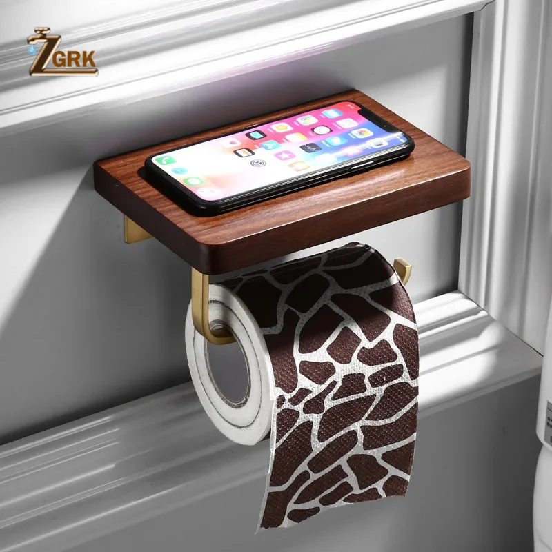 ZGRK Multi-function Double Toilet Paper Holder Wall Mounted Mobile Phone Rack Black Walnut Wood Bathroom Creative Roll Holder