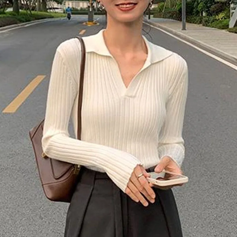 

Knitted Sweater Women Pullovers New Long Sleeve Turn Down Collar Knit Sweater Pullover Women Tops Sweaters Sueters De Mujer Q754