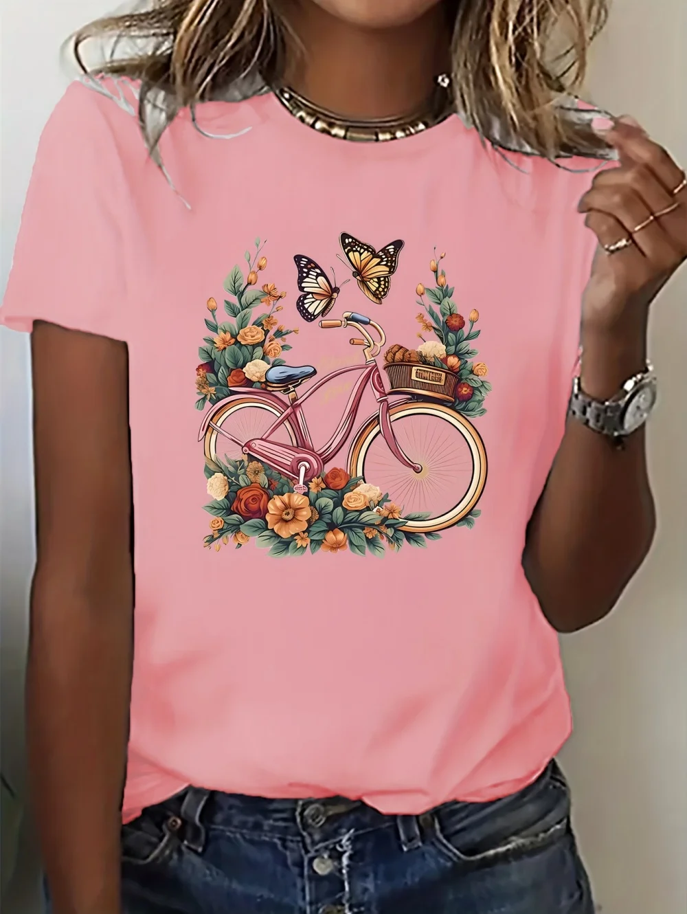 2026 Trendy Floral Bike Print T-Shirt for Women Casual Crew Neck Summer Tees Top Soft Breathable T-Shirts Elegant Woman Clothes