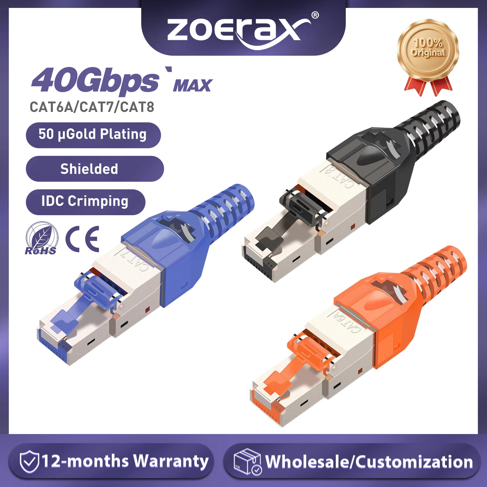 

Разъем ZoeRax RJ45 CAT8 Cat7 CAT6A без инструментов, без инструментов, клеммная вилка RJ45, многоразовый экранированный для кабелей Ethernet, 10 Гбит/с, POE