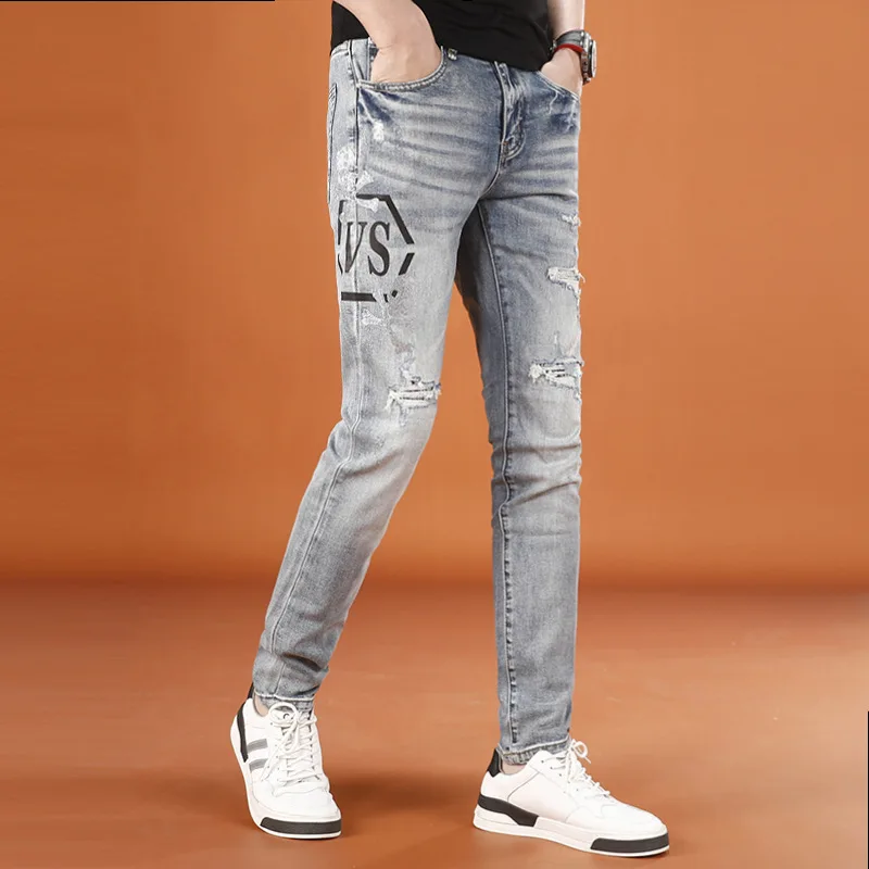

Trendy brand ripped denim pants for men in summer, thin, elastic, fashionable, printed, slim fit small leg jeans