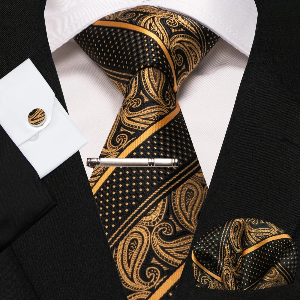 KAMBERFT Neue Klassische Seidenkrawatte für Herren Rot-Gold Gestreift Herrenkrawatte Taschentuch Manschettenknöpfe Set Hochzeit Business Party Gravatas – Detail 32