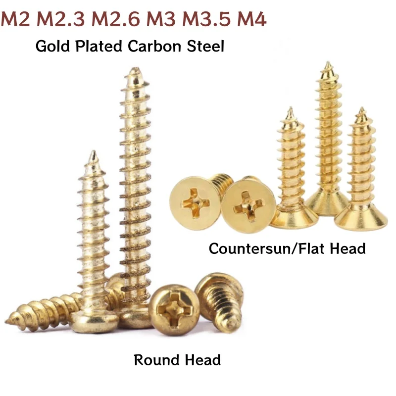 M2 M2.3 M2.6 M3 M3.5 M4 Phillips Self-Tapping Screw Countersunk /Round Head Cross Flat Head Wood Screws Gold Plated Carbon Steel