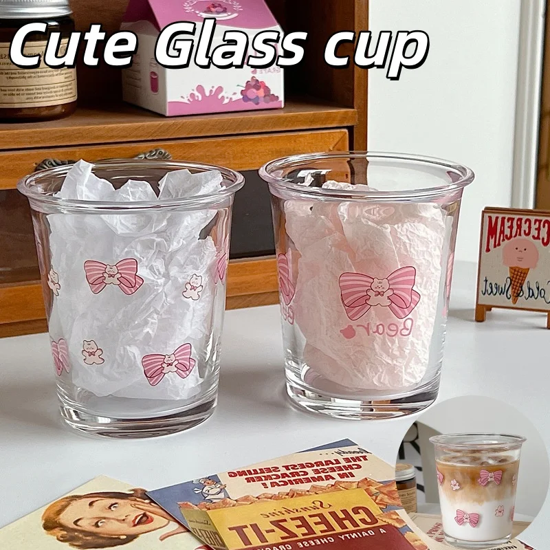 Taza Kawaii con lazo, taza de agua de vidrio, café, leche, agua, tazas de vidrio, taza de jugo transparente, fiesta de cumpleaños, regalo de Navidad