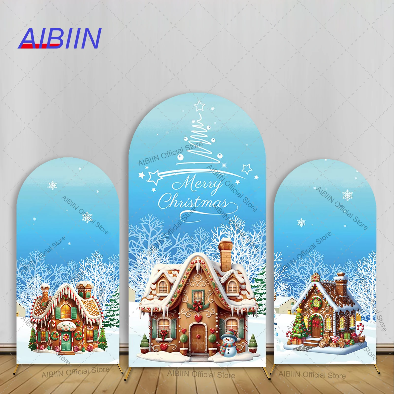 Feliz Navidad arco telón de fondo cubierta azul AI-generado casa de pan de jengibre niño retrato fiesta de cumpleaños decoración fondo