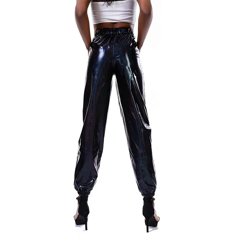 Women Shiny Stretch Faux Leather Casual Loose Bloomers with Pocket Trousers Women's High Waist PU Leather Pants Support Custom