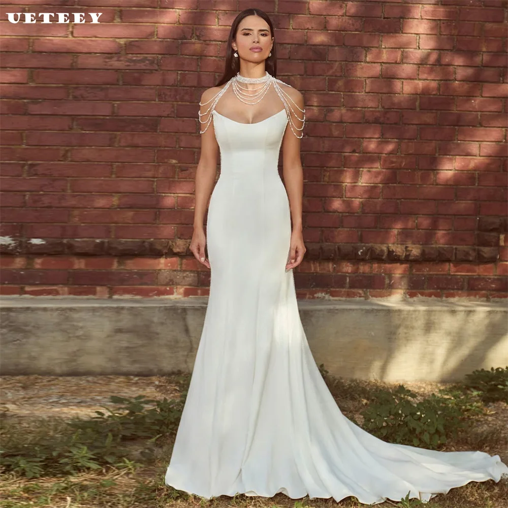 

UETEEY Customized Simple Sleeveless V Neck Crepe Mermaid Wedding Dress Women Open Back Court Train Bridal Gown vestidos de novia