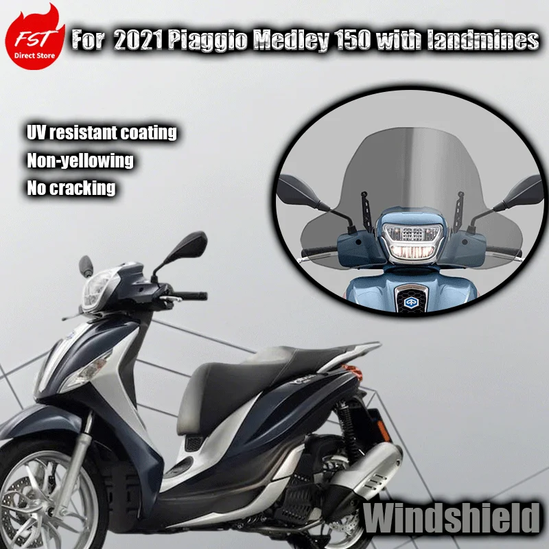 For 2021 Piaggio Medley 150 Motorcycle Full Size Windshield with Landmines Design Embedded for Enhanced Style And Protection