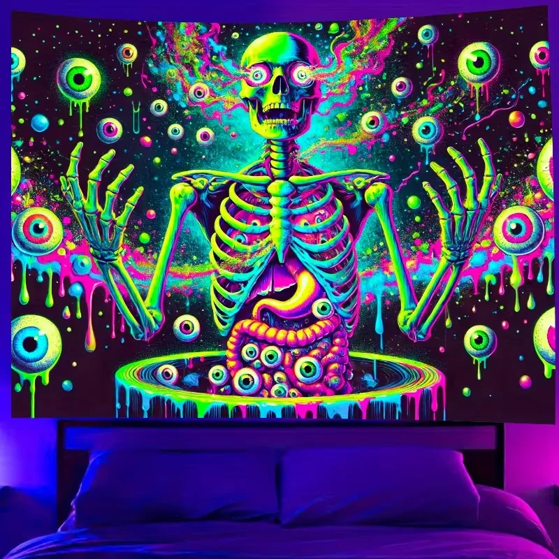 VIKAMA Neon Psychedelic Monster Tapestry Trippy Skull Wall Hanging Fluorescent Grotesque Art Decor for Bedroom Living Room
