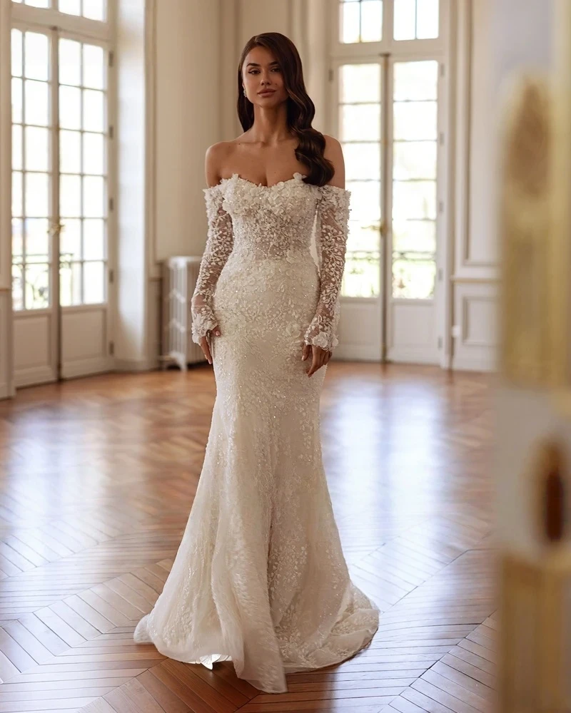 Customized Sweetheart Long Sleeve Beading Flowers Mermaid Wedding Dress Gorgeous Appliques Detachable Train Trumpet Bridal Gown