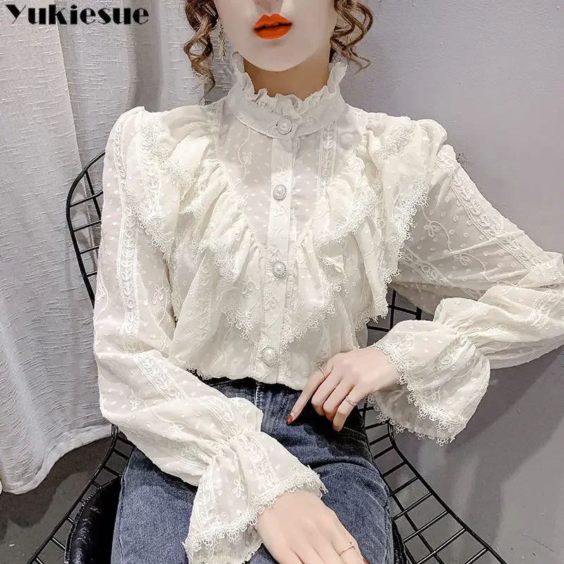 Haut plissé à col montant coréen, couture à volants, loisirs, Harajuku, chemisier élégant en dentelle, manches longues, chemises amples en mousseline de soie, printemps