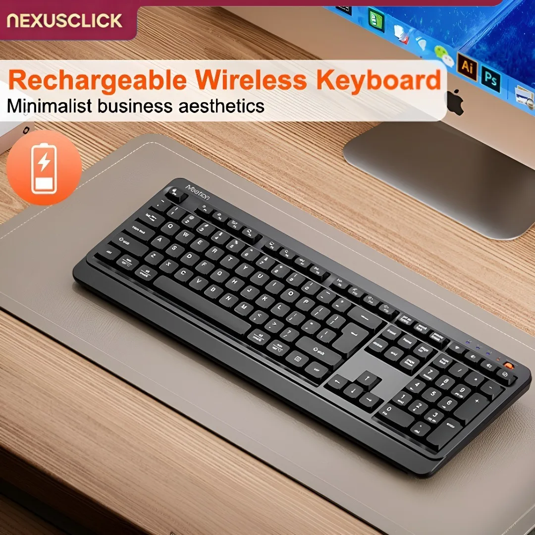NexusClick Low Profile 2.4G Wireless Keyboard, Rechargeable Dual Mode Full Size Ergonomic Silent Keyboard for Gamer Home Office