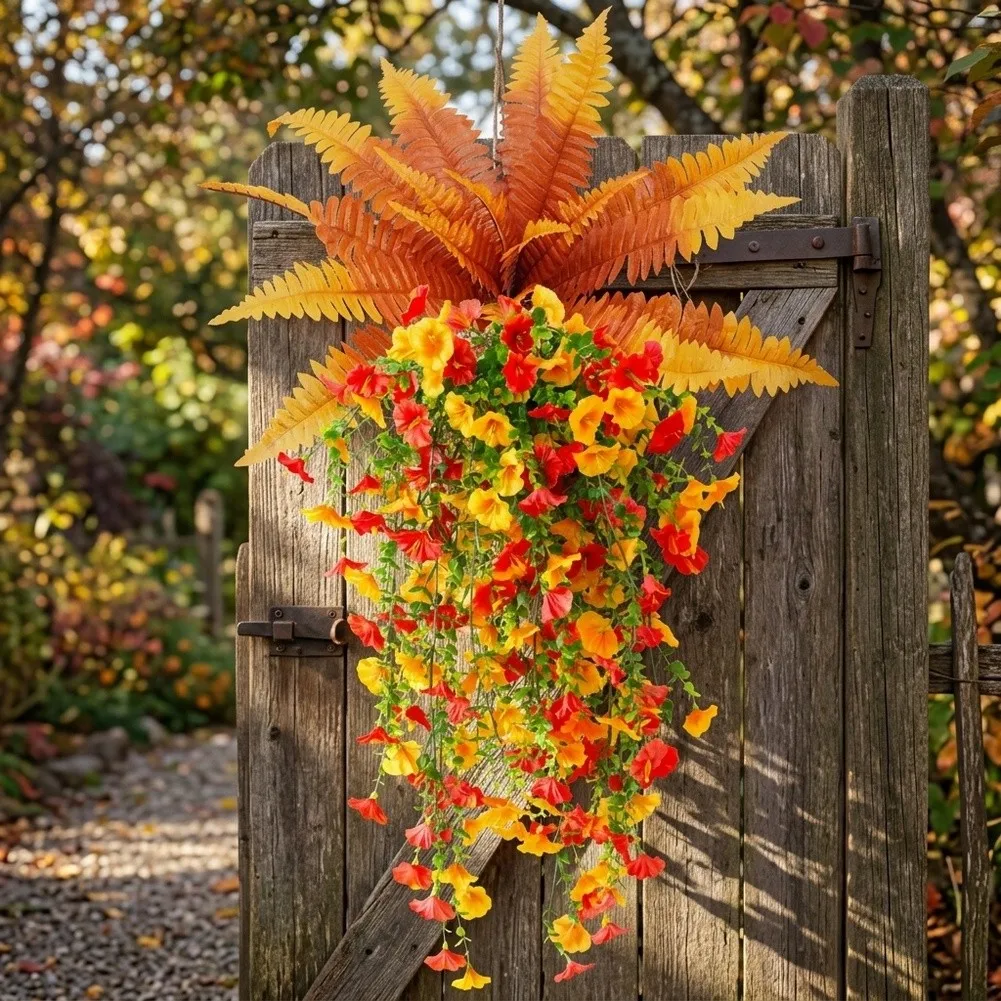 Artificial Morning Glory Vine 75cm Fake Autumn Hanging Plants With Persian Grass For Front Door Garden Patio Outdoor Decor