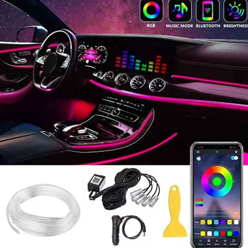 

Светодиодные ленты для внутреннего освещения автомобиля RGB, оптоволоконная атмосфера, комплект неонового освещения с дистанционным управлением через приложение, автоматические декоративные лампы