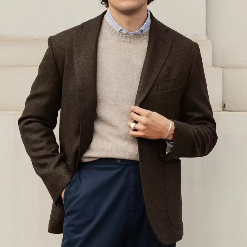 Men's Wool Blend Tweed Suit Jacket Notch Lapel Two Button Warm Blazer Casual Business Classic Fit Sport Coat for Fall Winter