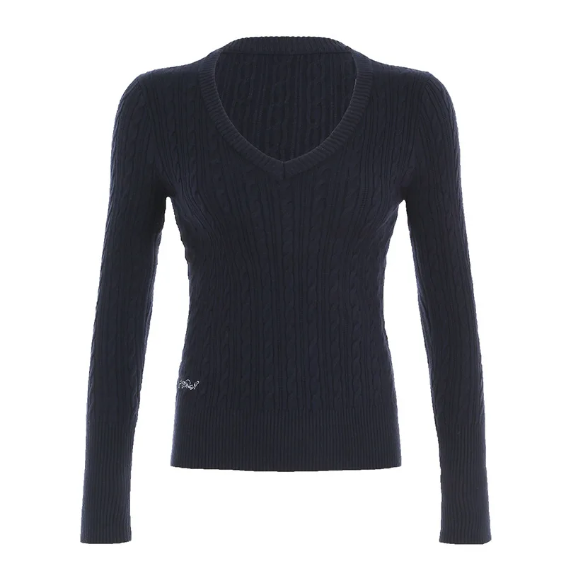 アメリカンシンプルカラーコントラストレター刺繍Vネック細身フィット揚げパンツイストセータースパイシーガールレトロカレッジトップ