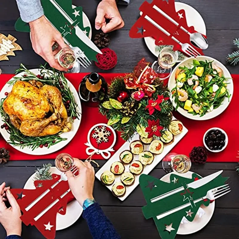 Soportes para cubiertos de árbol de Navidad, tenedor, cuchillo, bolsillo, vajilla, decoración, bolsas, Navidad, Año Nuevo, fiesta, cena, decoración de mesa, fieltro